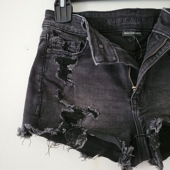 American Eagle Hi-Rise Shortie Black Distressed Shorts Raw Hem 4 - Picture 5 of 7
